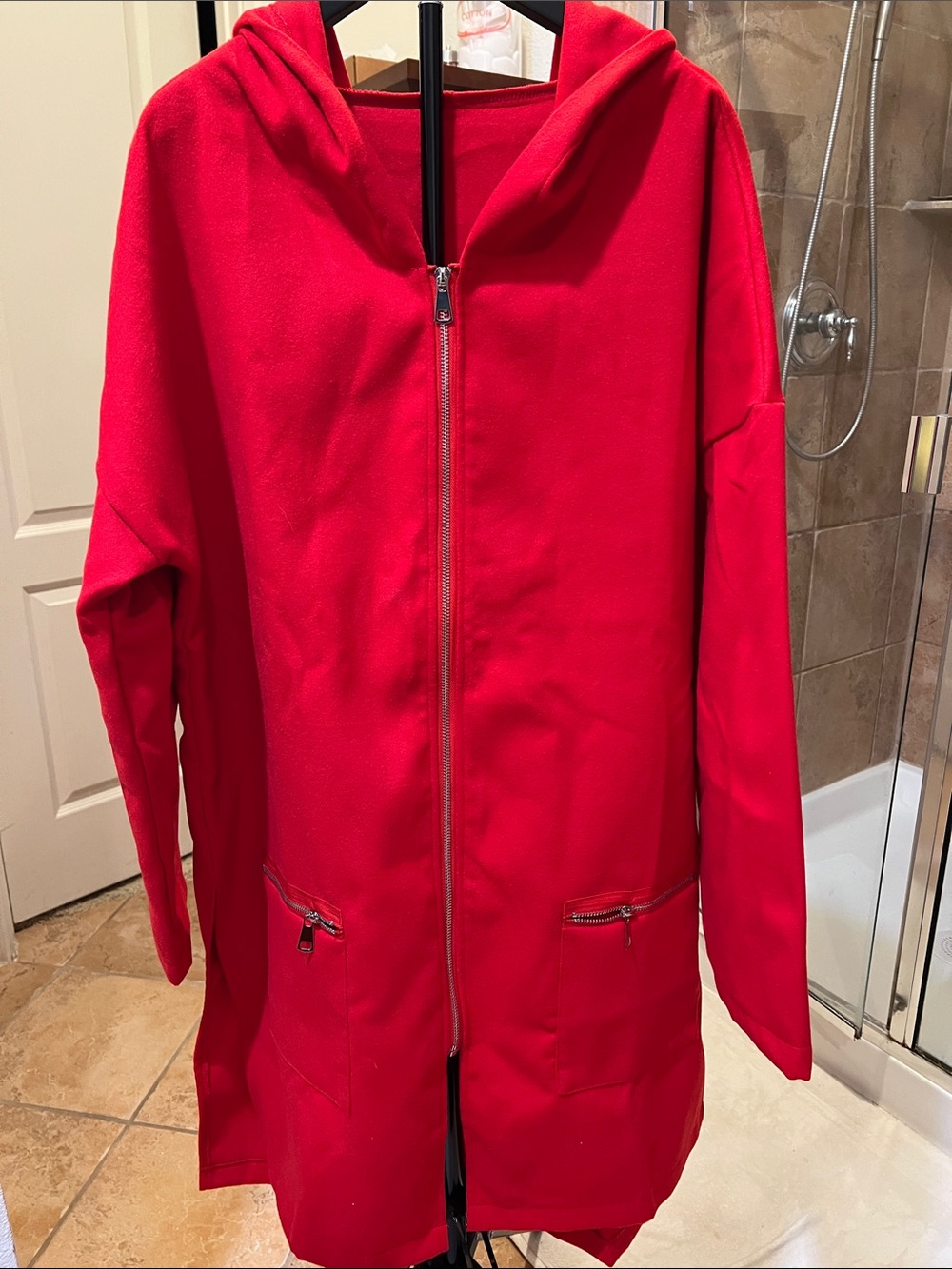 Red Hooded Zip-Front Women's Coat